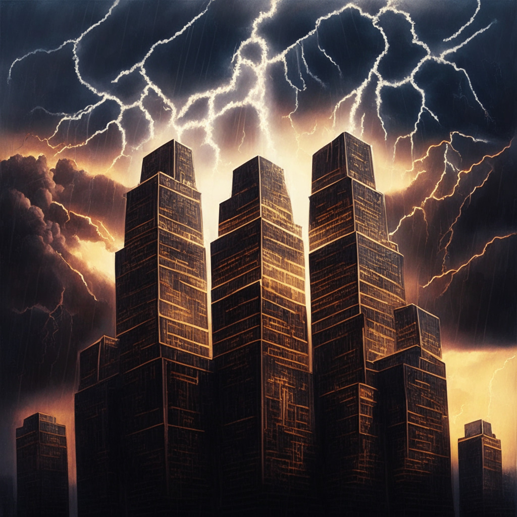 An intricately detailed, Renaissance-style painting displaying three DeFi corporations (represented by futuristic buildings made of digital code) at the epicenter of a storm, lightning symbolizing the CFTC's scrutiny striking them. Subdued light from a setting sun casts long shadows, creating a mood of uncertainty and confrontation.