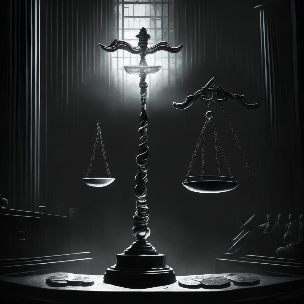 Depict a suspended scale, one end weighs a silver Bitcoin, the other a gavel. Set in a courtroom with the backdrop of an ominous dark sky seen through a window. Incorporate Neo-noir art style, contrasting darkness with glaring artificial light. Highlight tension, confusion and disarray in the scene.