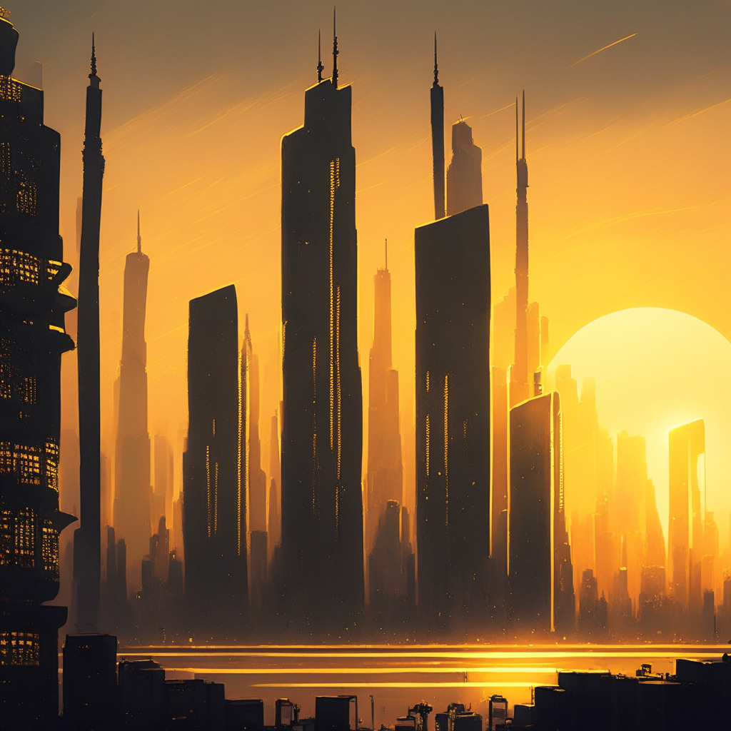 A neo-noir cityscape at dusk, proliferated by digital tokens cast in hues of gold and silver, billowing in the city skyline, while shadows cast by a low-set sun signal a mounting tension. An oversized scale sits in the foreground, bearing signs of both innovation and regulation, teetering in delicate balance, indicative of the underlying regulatory struggle.