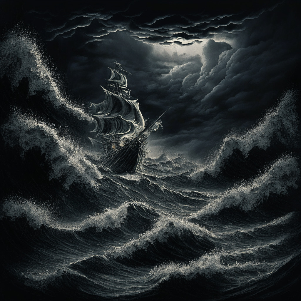 Dramatic scene of a turbulent ocean in the midst of a storm, middle of the night bathed in gunmetal grey light. An allegorical digital sailor navigates the waters, a vivid symbol of crypto compliance struggles. Waves, resembling cluster of digital assets, threateningly roil around a tiny vessel. The mood - foreboding yet resilient, and the artistic style reminiscent of Romantic seascape paintings. The distance reveals a faint glimmer of dawn, hinting at a resolution.