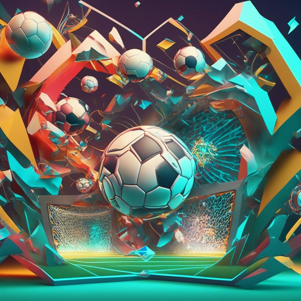 A dynamic virtual football carnival scene, whimsical-neo-futuristic style, merging physical & digital dimensions. 3D NFT football cards, detailed atomic design, tangible essence from ambient lit frames. Unearthed treasure, mood of challenge & thrill, backdrop of a game-changing innovation. No brands, logos.