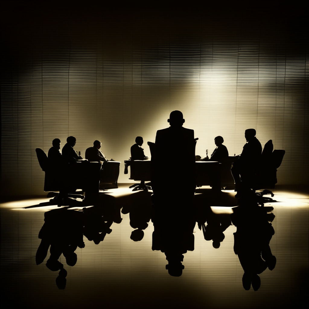 A dramatic boardroom, dimly lit, with expressive shadows highlighting the faces of anonymous executives captured in mid-discussion about major leadership changes. Their features reflecting the mood of uncertainty and anticipation that shrouds the room. In the center, an empty chair, indicating a recent departure. The mood is tense yet dynamic, embodying the spirit of the evolving crypto-world.