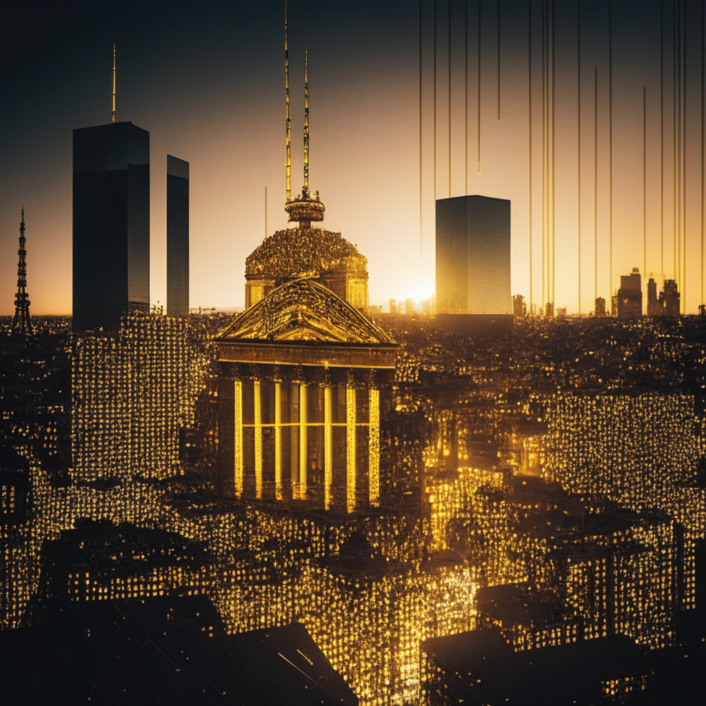 A late evening scene of Berlin cityscape with modern and traditional architecture juxtaposing each other. The structures are subtly composed of lines of blockchain code visually representing 3% increase in funding, a warm light illuminates the cityscape connoting resilience amidst global economic challenges, the skyline is filled with bits of gold and silver, symbolizing the 'David vs Goliath' moment of Germany's blockchain sector. The overall mood is of optimism, resilience, and defiance against global downturn in the blockchain ecosystem.