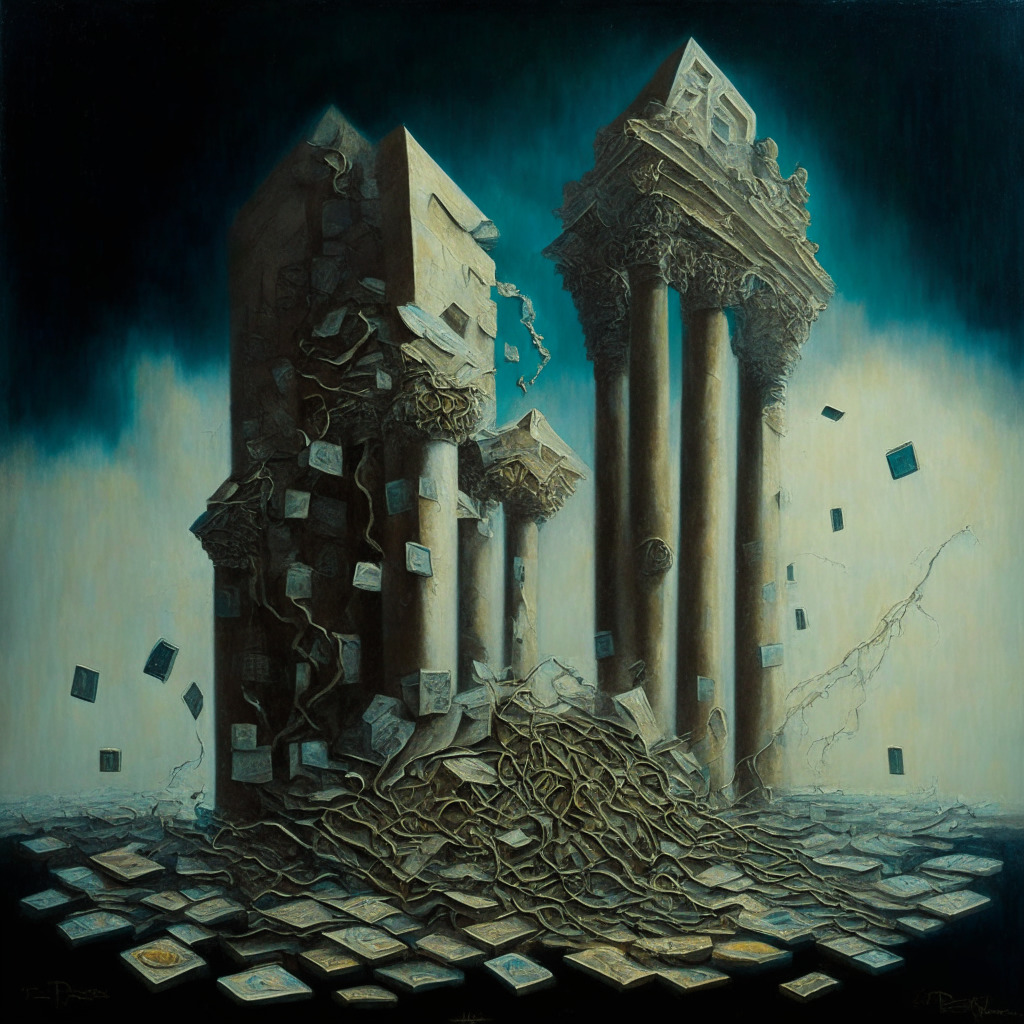 An intricately detailed, surrealistic painting showing the rise and fall of stablecoin loans, represented by towering and crumbling structures, against a changing background symbolising their planned elimination. A brighter region represents resilience in the dimly lit, tumultuous atmosphere, showcasing the defiance of expectations. Mood of the painting: Uncertain yet resilient.