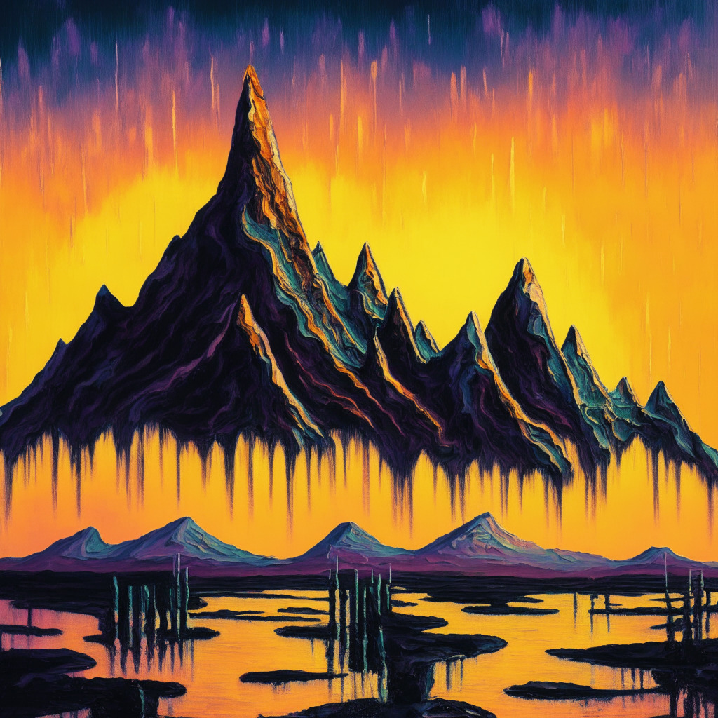 Surreal digital landscape at sunset, a tall robust Bitcoin structure radiating strength amidst shimmering Ether minor structures. Steady waves of WTI Crude Oil rising to form mountain peaks in the distance. Overall mood of the image resilient yet cautious, created using oil pastel-inspired style with medium contrast.