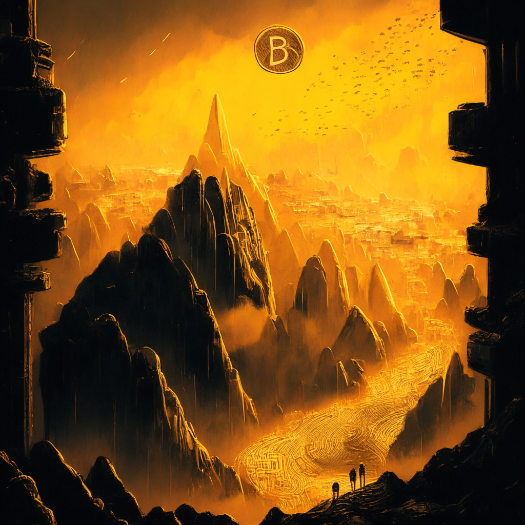 A tumultuous cryptocurrency market landscape in a futuristic city, late evening dimly lit with warm yellow-orange hues, Friday market rush feeling. Bitcoin depicted as a giant coin climbing a steep hill displaying '24,750', '26,205', '27,000', '28,000'. Leaden clouds symbolize obstacles, while distant clear sky hints optimism. Art style - cybernetic surrealist, tension palpable.