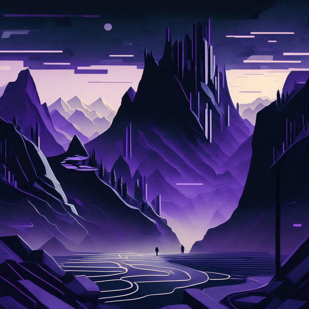 Dramatic, abstract financial landscape at dusk, enveloping cold violet shadows, symbolising cryptocurrency volatility. A bridge, glowing warmly, winds through a mixed terrain of jagged peaks and deep valleys, signifying Synapse's data transfer blockchain. On the horizon, a single brave figure walks away, a bag of tokens dissipating into thin air. The atmosphere is tense, but resilient, mirroring the nerve-wracking but resilient nature of SYN recovery.