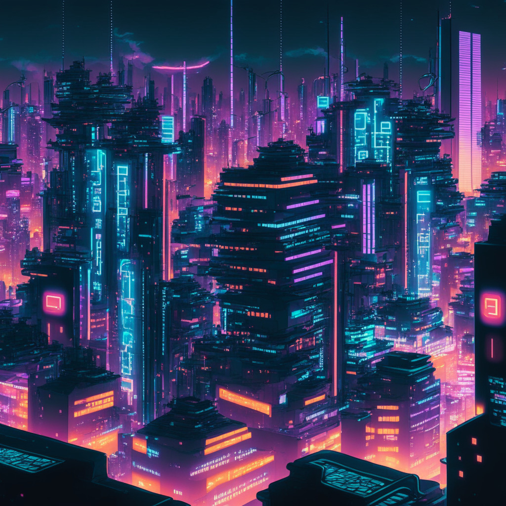 An intricate, futuristic scene of Japanese cityscape at dusk, illuminated by soft, cyberpunk-esque neon hues, conveying a mood of suspense and hope. Central to the image, a large, transparent, digital ledger - symbolizing blockchain - hovering over high-tech buildings. Small, artistic representations of coins and bills subtly transitioning into digital currency, suggesting tax reform. Transparent binary codes floating, adding an element of complexity.