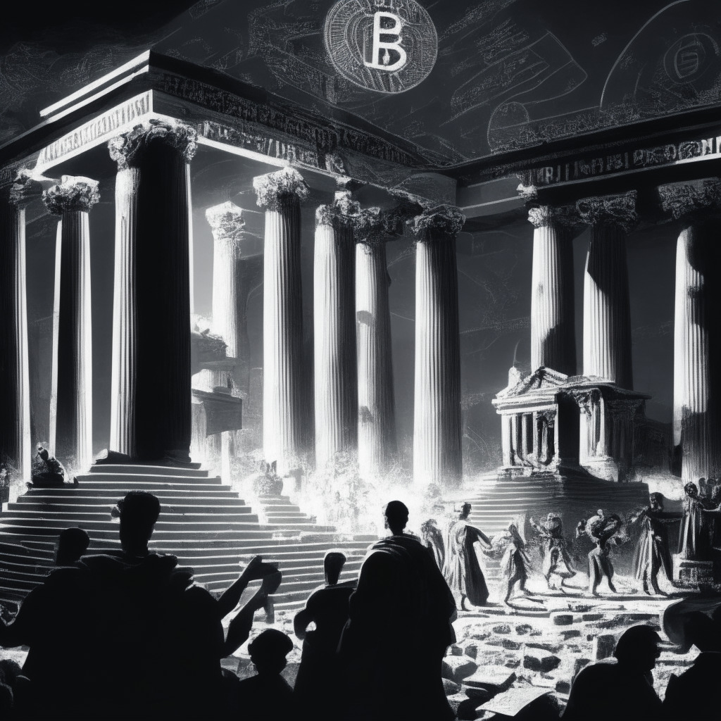 Noir-style panorama, bustling crypto marketplace, Bitcoin symbols swirling around an ancient Roman forum - stakeholders locked in a heated discourse. Foreground: luminous holographic panel elegantly etching BIP-300 and sidechain icons. Overall, drama-infused chiaroscuro lighting, invoking sense of a lively, pivotal debate.
