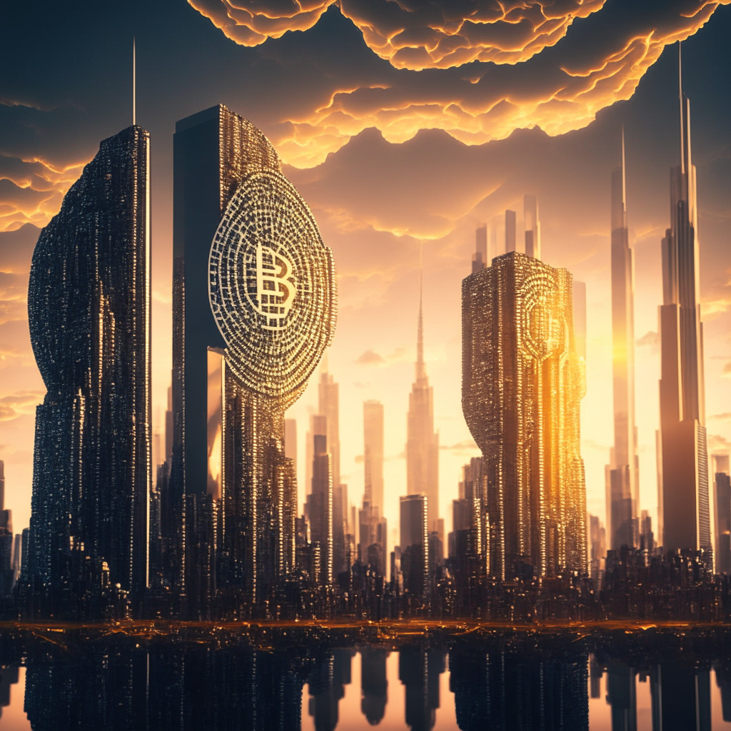 A futuristic cityscape at sunset, high-tech skyscrapers interwoven with digital threads representing blockchain and AI. Ambiance is both intimidating and exciting, hinting at transformation and innovation. Overhead, a sleek metallic cloud symbolizes looming threats. In the foreground, two contrasting futuristic coins represent Bitcoin and Ethereum, partially emerging from an intricately carved chest, symbolizing the NFT market. Slight shadows are cast to create a mood of uncertainty yet potential growth.