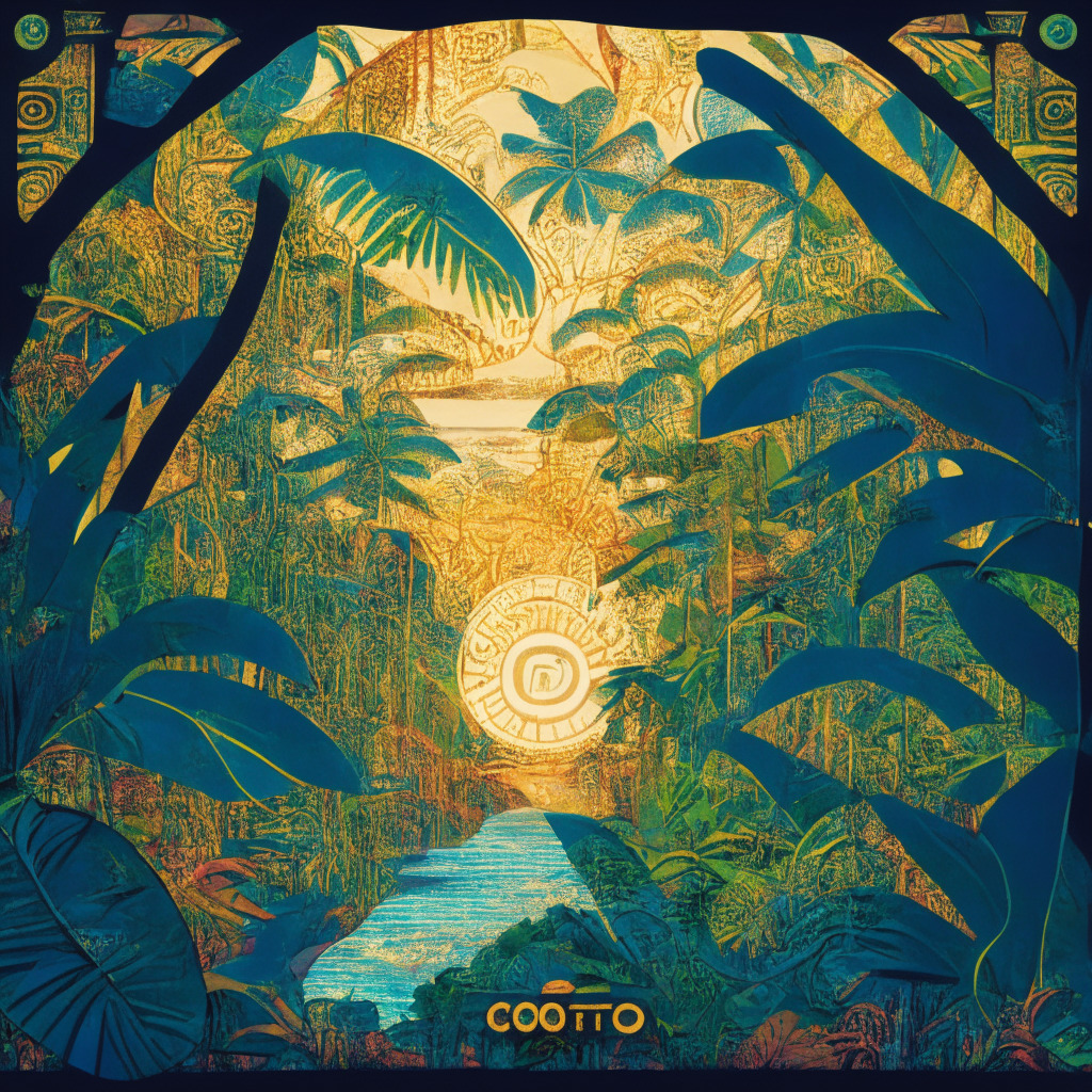 A vibrant art nouveau depiction of Costa Rica's lush jungle ecosystem, with intertwined motifs of Bitcoins symbolically representing the alliance between Bull Bitcoin, SINPE Movil, and Bitcoin Jungle. The scene embraces a warm, tropical dawn light, indicating a fresh start and echoing a breakthrough in Costa Rica's crypto landscape. Lively tropical colours and technology-inspired detailing reflect a harmonious blend of tradition and innovation. The overall mood should convey hopeful optimism, emphasizing the potential revolution in regional crypto adoption.