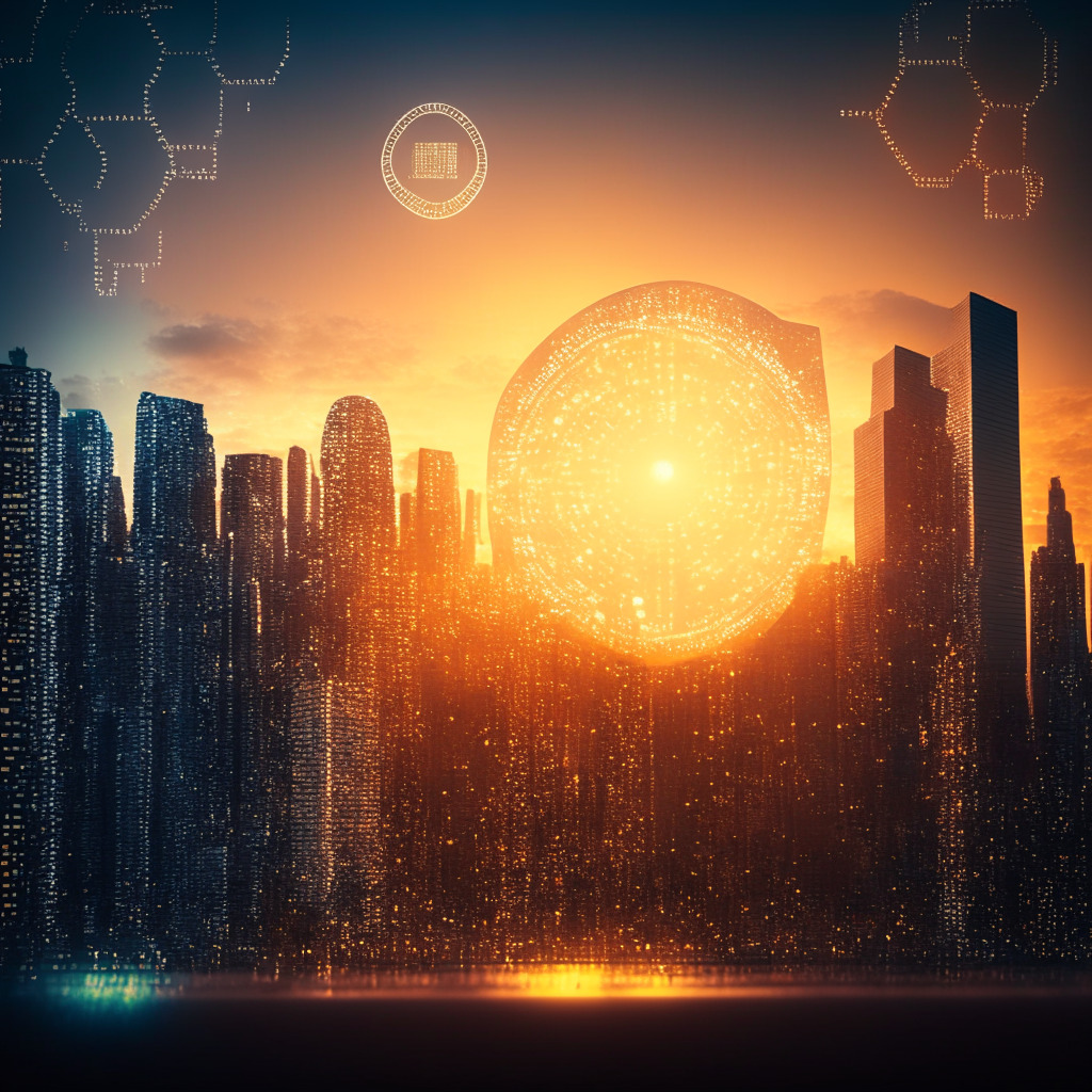 Dreamy sunset over a modern city with shimmering skyscrapers denoting the crypto-world. In the foreground, binary codes subtly defining the shapes of buildings, symbolizing CTPs and exchanges. In the backdrop, a large transparent shield, a symbol of enhanced regulation and standards, casts a protective glow. The streetlights evoke a sense of caution, reflecting concerns raised by the SEC. Finally, the faint outline of a distributed ledger in the sky, invoking the idea of DeFi integration to traditional finance. The art style: digital minimalist, Mood: hope and apprehension.