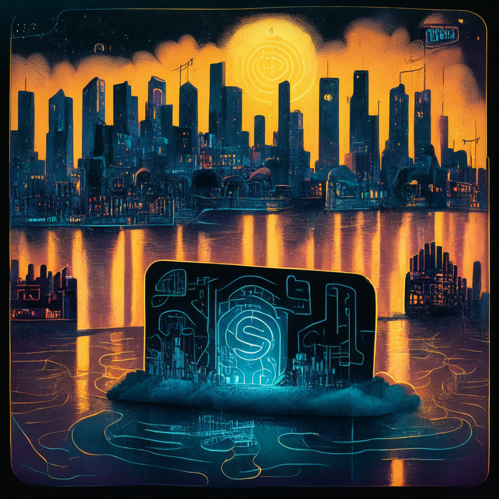 An imaginative, expressionist-style scene where a non-custodial cryptocurrency wallet is powered by a glowing USDC stablecoin. The stablecoin transforms into various gas tokens, removing layers from a complexity stack, symbolizing lower fees in the blockchain world. A cityscape representing various blockchain networks with bridges symbolizing cross-chain transfers. Painted in soft, twilight hues to create a subdued yet hopeful atmosphere.