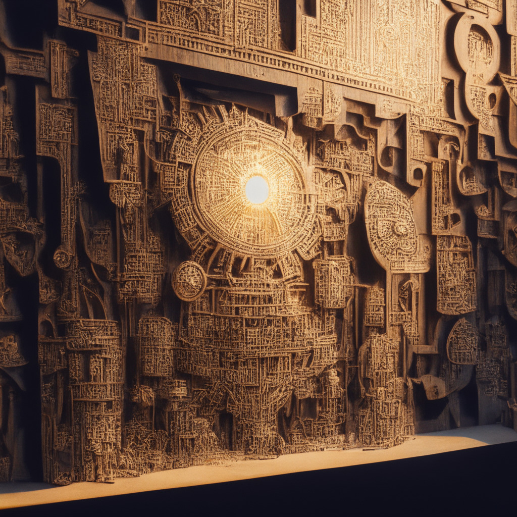 A vividly detailed scene showcasing artificial intelligence and blockchain as sculpted intricate metallic mechanisms, cleverly meshed together juxtaposed with traditional financial instruments portrayed as archaic wooden contraptions, sunlit on a backdrop of a half-modernistic, half-ancient carved wall, radiating a sense of impending transformation, and brewing revolution, tinged with undertones of both anticipation and caution.