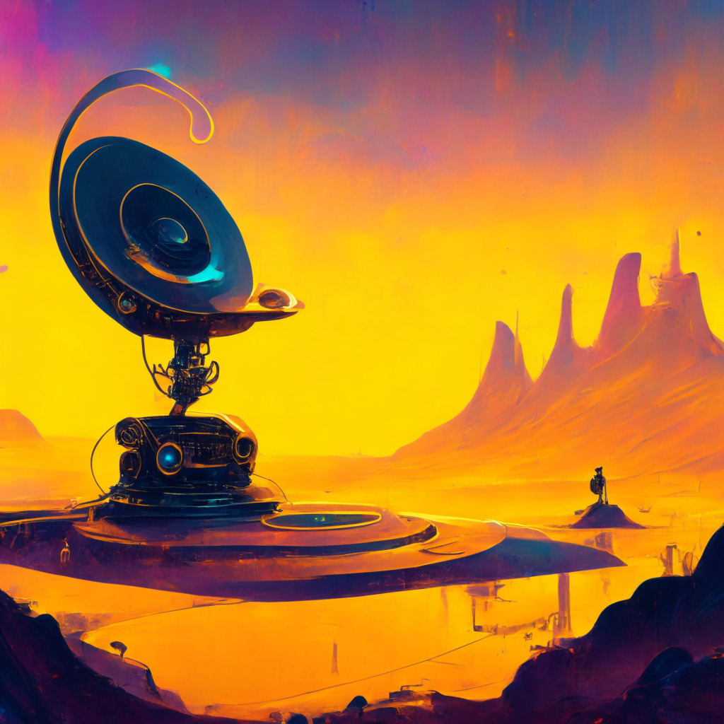AI-generated music's revolutionary shift depicted as a vivid digital landscape painting. Dimly lit scene with a bright horizon, showing golden notes flowing from a futuristic robotic figure towards a traditional gramophone. The fading aesthetics of the old music industry versus the sleek, polished lines of artificial intelligence, encapsulates the controversial yet transformative impact on the industry.