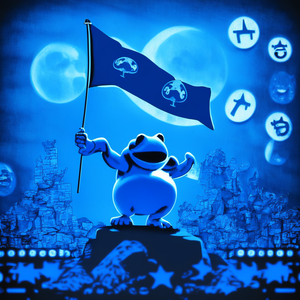 A whimsical blue toad smurf waving a bull flag in one hand, bathed in cool moonlight on a backdrop of digital led-ready walls featuring stock market-type figures and charts, hopping atop crypto coins. The style is abstract with high contrasts, creating a mood of captivation, mystery, and subtle humor.