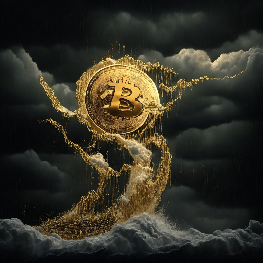Depict a roller coaster in gold symbolizing the volatile movements of the Bitcoin market, full of sharp drops and climbs. The roller coaster is set in a dark, stormy environment to reflect uncertainty and speculation. Implementwarm, harsh light piercing through stormy clouds, casting an uneven illumination to suggest Bitcoin's potential for instability. Add scattered gold coins around to illustrate the crypto value. Add a dramatic, Baroque artistic style with chiaroscuro light effects to enhance the sense of drama and tension.