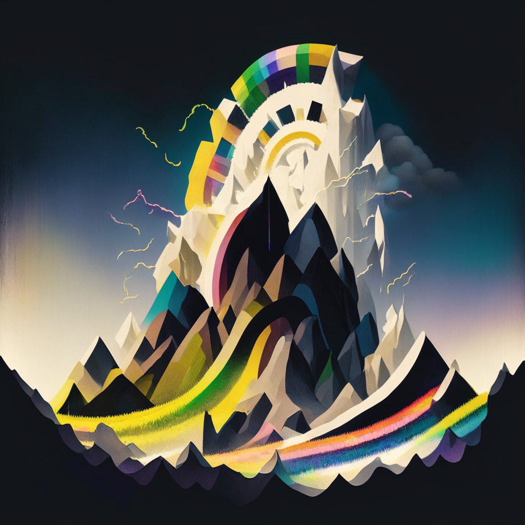 An abstract roller coaster, representing the fluctuating value of Bitcoin, veering from golden peaks to dark pits, White light radiating from a rainbow in the stormy distance, symbolizing hope in turbulent financial times. Lesser-known cryptos like small gems, shining brightly amongst larger dull stones, A dusk light setting casting a hopeful yet uncertain mood over all.
