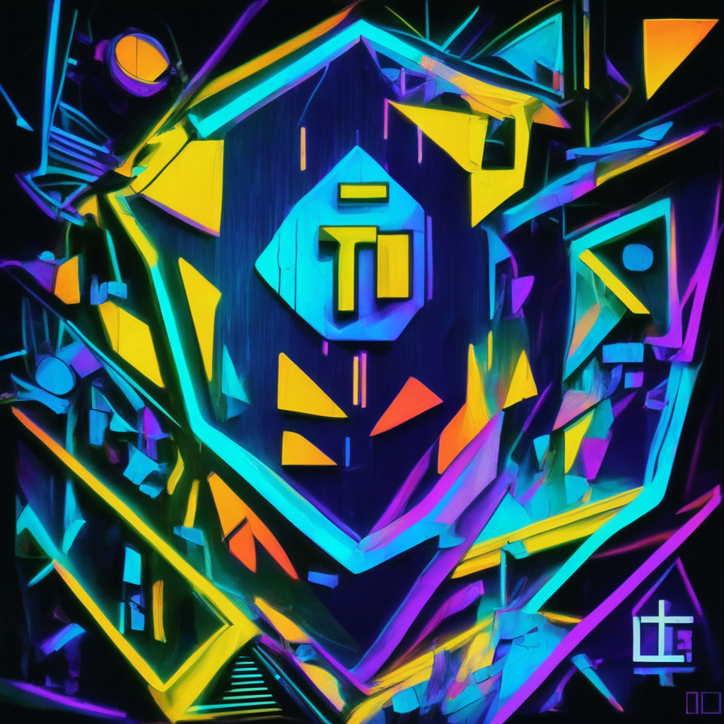 An abstract representation of the Ethereum blockchain and DeFi Insurance, lit under sharp, contrasting neon lights. Elements like decentralized networks, vibrant digital coins, solemn investor figures, and an insurance shield symbolize the crypto-insurance industry. Artistic style evokes Picasso's Cubism giving a sense of fractured financial landscape. Mood: a blend of anticipation and caution.