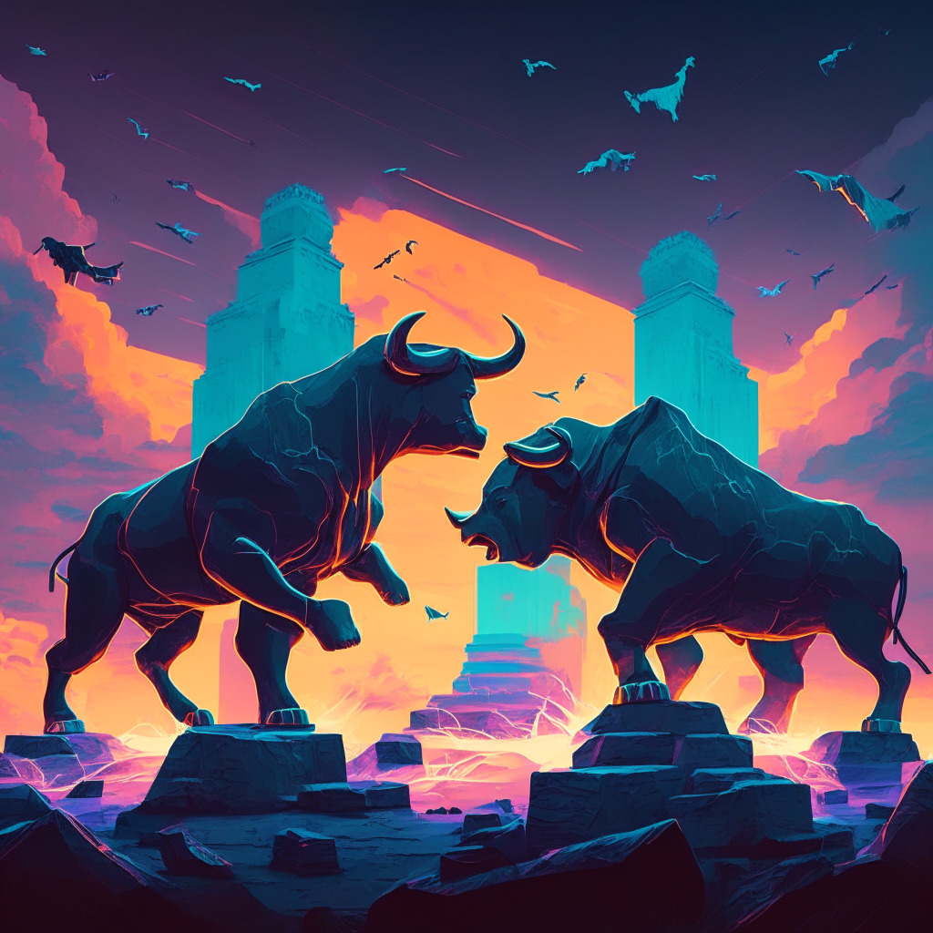 Digital age landscape at dusk, symbolic bull and bear statues engaged in a tussle, hints of Bitcoin and various altcoins showering from the sky, a looming shadow of federal regulations. A touch of realism style, with vibrant crypto graphics, evoking a sense of hope and transformation.