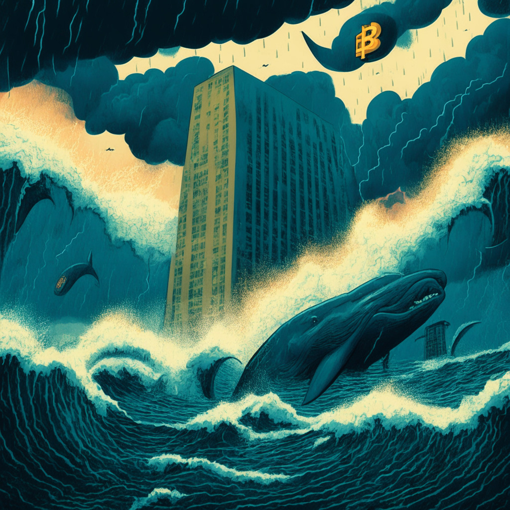 A thunderous financial storm over a tumultuous sea, symbolizing Bitcoin crash. Mid-century modern style, turbulent waves represent volatile cryptocurrency market, vibrant but brooding colors, strong contrast for dramatic light setting. Bitcoin coins are in the sea’s foam, financial whales lurking in the depths. Ominously lit, SEC building looms large on the horizon, stylized regulatory text. Mood: foreboding, volatile.