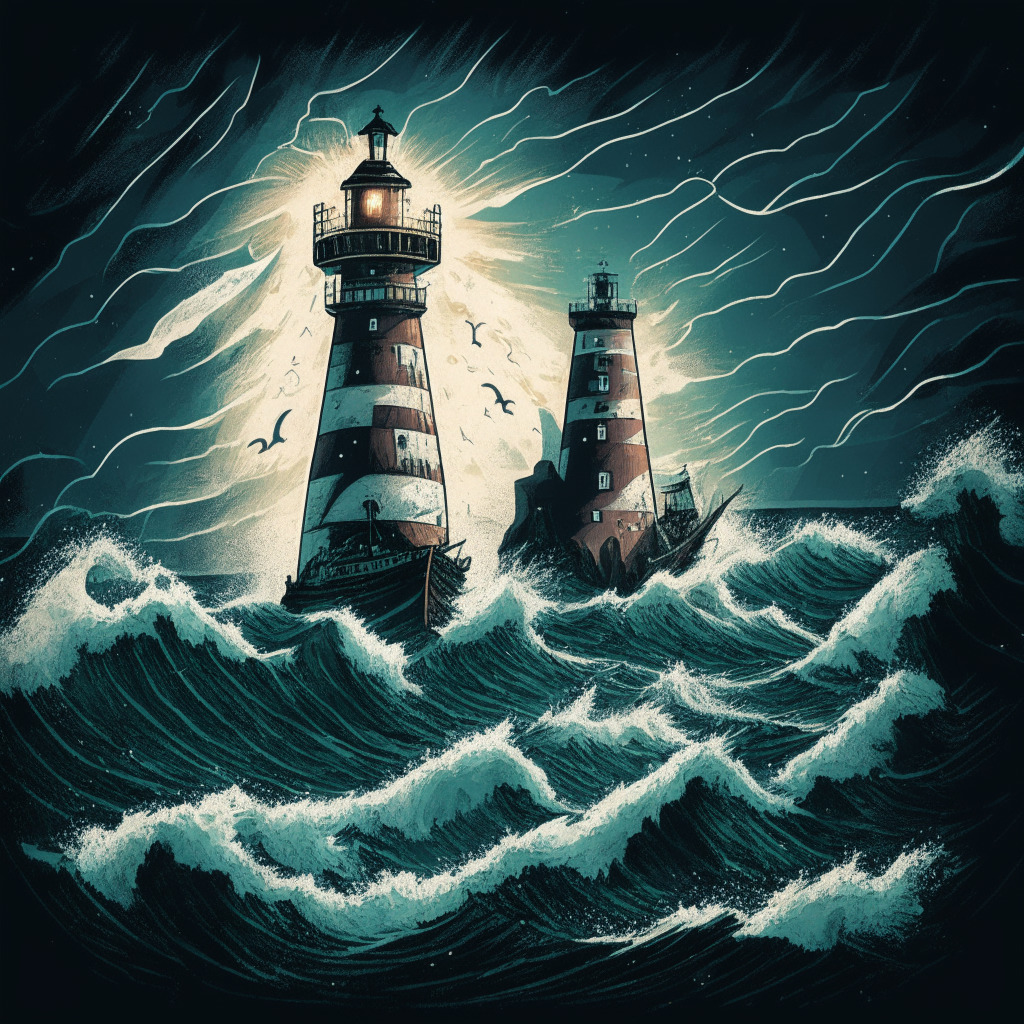 An illustration of a turbulent, stormy sea symbolizing crypto market volatility. Include a ship named 'Maple Finance' braving the waves and a lighthouse casting a beam of light labelled 'DeFi', represents the safe risk management in the midst. Depict a locale on the shore with a diversified forest symbolizing portfolio diversity. Lighting should be a dramatic chiaroscuro, with a coded color palette reflective of digital finance. Mood should be impending resilience amid turmoil.