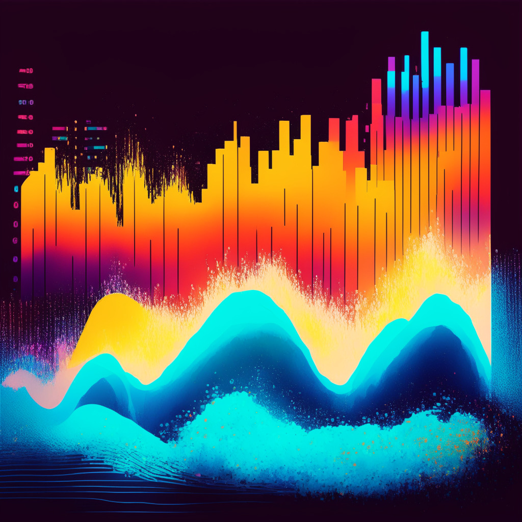 Abstract representation of a tumultuous crypto market, focus on IOTA and Launchpad XYZ in a bar chart waves style. IOTA embodying a tidal rise, bathed with a modest, soft evening glow. Launchpad XYZ appearing as a new wave rising, colorful, inviting. Mood is precarious, suspenseful.