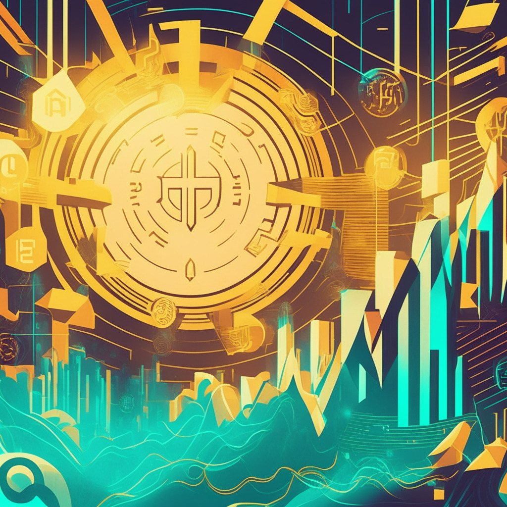 Illustrate a dynamic financial market scene in a futuristic style, filled with symbolic cryptocurrency elements. Portray a prominent wave symbolizing Toncoin's sudden surge. Use cool hues for the dip, contrasted by warm tones for the surge. Capture excitement and risk intertwined, with a flickering golden cross pattern suggesting the volatility. The background contains a hint of the upcoming Launchpad XYZ, signifying the future potential. The light is bright but fluctuating, embodying the mood of unpredictable crypto trading.