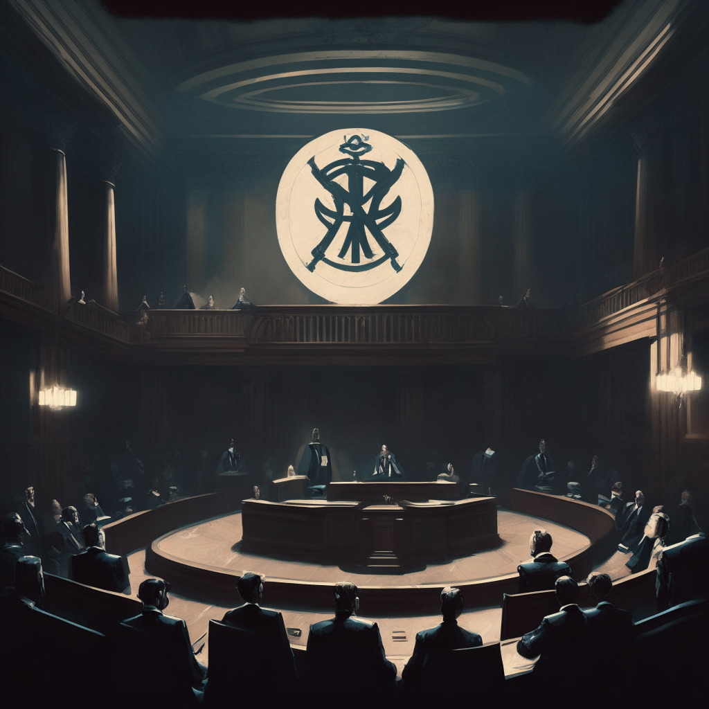 A dramatic courtroom with a giant XRP token symbol, formal attorneys arguing their cases, an imposing judge with a gavel. A dimly lit room, contrasting light surrounding the XRP token - the main point of contention. Displaying elements of tension, conflict, strategy and authority in the style of realist painters, exuding an air of suspense, uncertainty, and deliberation.