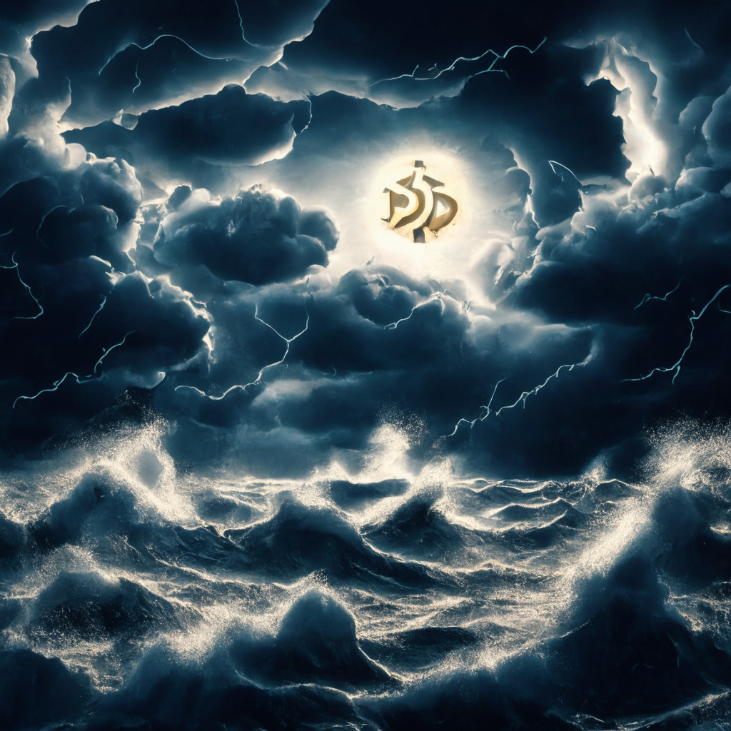 An image of a tumultuous ocean under a stormy sky, teeming with representations of various cryptocurrencies being tossed by heavy waves, Ripple's XRP rises, shining under a single ray of light piercing the dark clouds, embodying optimism amidst chaos. High contrast, extra detail on the XRP token, mild chiaroscuro lighting, a hopeful yet struggling mood prevailing.