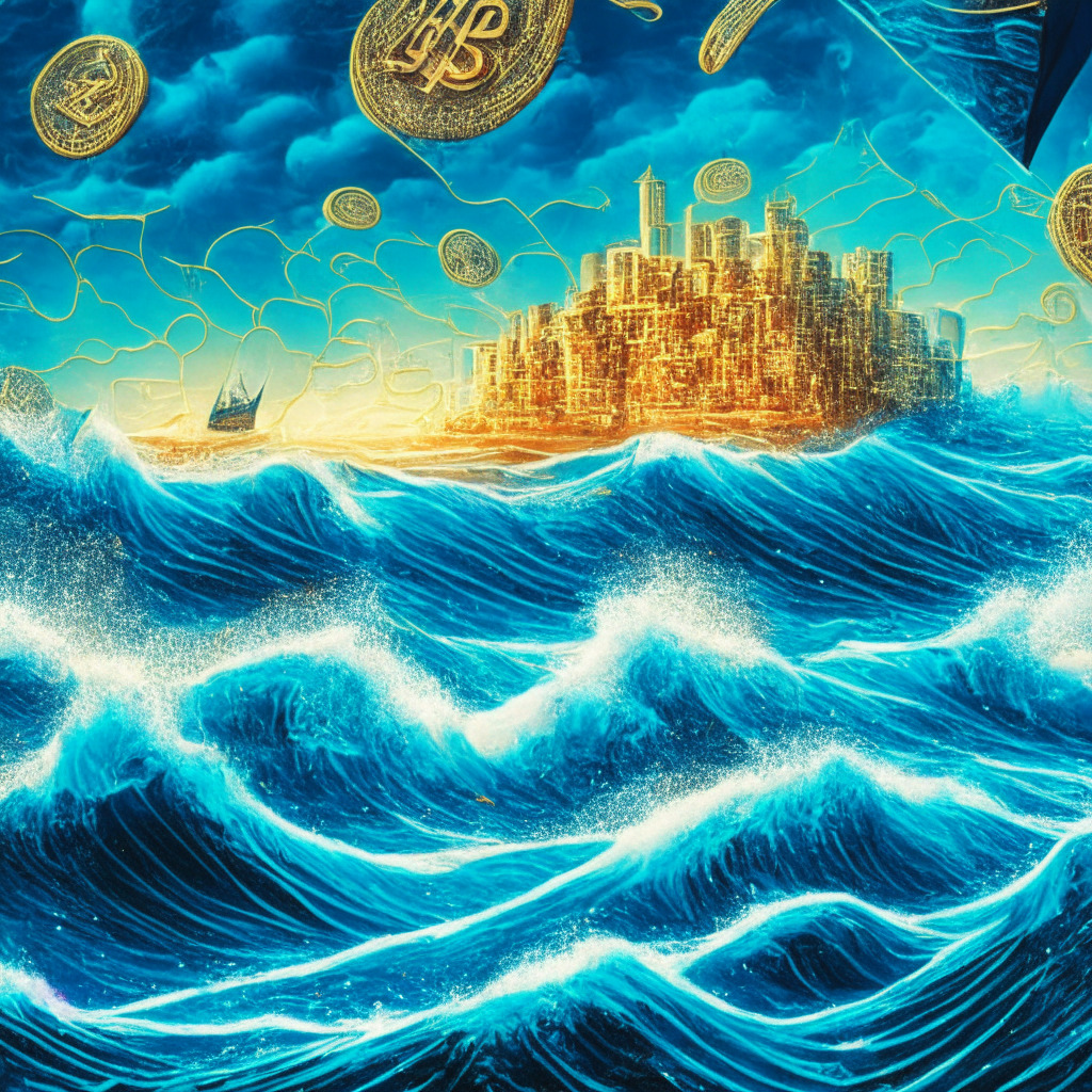 A vibrant and bustling virtual financial landscape with flashy holographic licenses floating around forming an intricate web, Ripple as a hefty golden sea wave in the foreground crashing in, engulfing a fortress, depicting the acquisition. The scene unfolds under an unpredictable stormy sky, yet there's a calm and confident demeanor about the sea-wave, indicating a secure Ripple. The backdrop mantled with various abstract blockchain imagery, illuminating the challenges and opportunities of the blockchain industry. The palette shift from cool blues and warm golds signifying a balance between innovation and precaution, emphasizing the complexity, risk, and audacity of the acquisition.