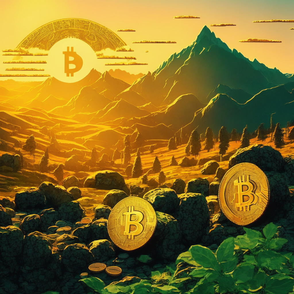 Dramatic crypto-market landscape under the glimmer of a setting sun, dominant colors are the golden hues of Bitcoin, contrasted with the vibrant green growth of derivative coins. The mood is a mix of uncertainty and opportunity. Various coins, Bitcoin BSC and BTC20, stand out, and they’re perched on a rising slope, indicative of their recent growth. Intricate patterns on these coins demonstrate their staking-based model. Represents the unsettled crypto market balanced with the budding potential of derivative coins.