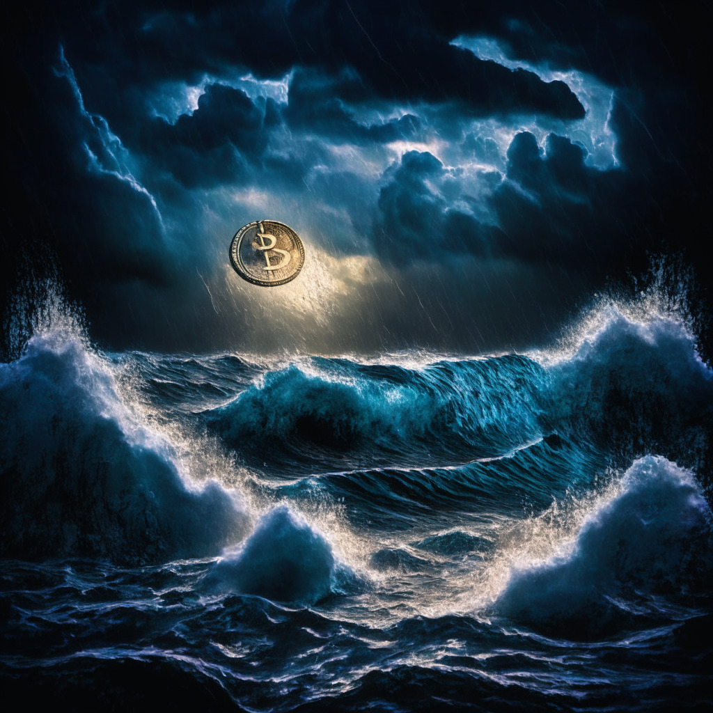 An abstract scene of a cryptocurrency coin emerging strong from rough waters, represented as strong, undulating waves in a stormy sea, under a stormy, thunderous sky. The coin's ambiance glows in an iridescent glow, symbolizing the rise of staking. In the background, a faint silhouette of a sinking ship, symbolizing the waning interest in DeFi. The art style is dramatic and richly detailed, with heightened realism. The lighting is atmospheric, with a mixture of stormy darkness and the coin's glowing luminescence. The mood of the image is a blend of tension, resilience, and hopeful emergence amidst uncertainty.