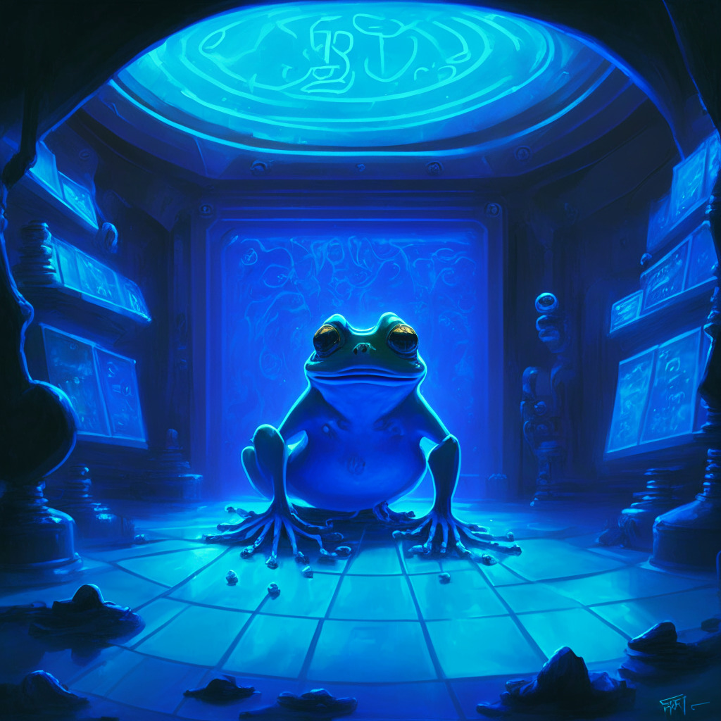 A glowing, futuristic trading floor bathed in a rich electric blue light, eerie and filled with uncertainty. An emotion-packed painting of an iconic frog character stands proudly at the center representing the DORKL token, while the shadows of numerous fluctuating graphs captivate its surroundings, suggesting volatility. In contrast, a brightly illuminated safe, solid and weighty chest with an emblem of Bitcoin BSC subtly lies in the circumference, surrounded by a scattering of brilliant gem-like rewards, projecting a sense of stability and promising utility. Artistic style inspired by a hybrid of Star Wars themes and Matt Furie's artwork, fosters a narrative of mysterious yet hopeful prospects in the world of cryptocurrency.