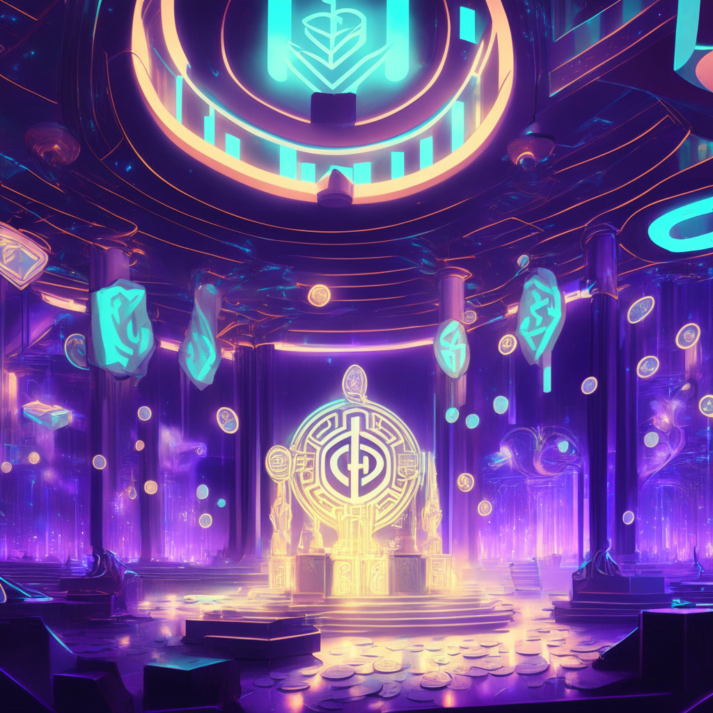 A modern casino setting bathed in ethereal light, with symbols of Ethereum and cryptocurrency scattered in the background. A lucky block in the style of Art Nouveau surrounded with gleaming neon lights stands as the focal point. The scene exudes an air of optimism, manifesting a futuristic vision of the flourishing crypto-gambling industry.