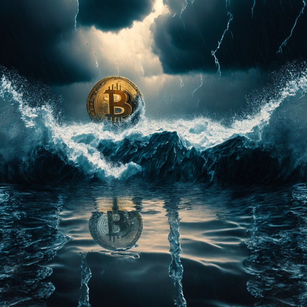 A stormy abstract scenario, Bitcoin futures rising above a tempestuous ocean, balanced on a precarious double-edged sword. The water's reflective surface mirrors the cryptocurrency's volatility. Dramatic chiaroscuro lighting. The overall mood evokes excitement yet unease over potential market instability.