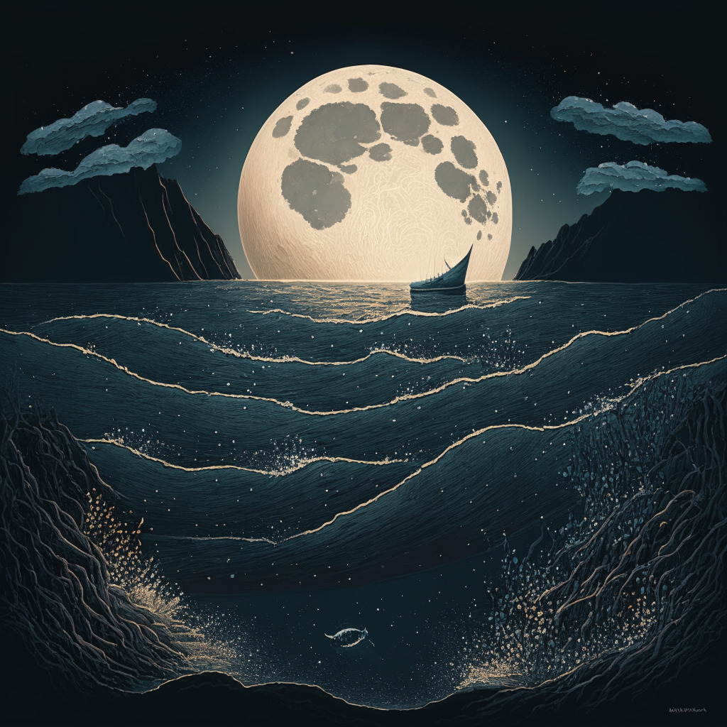 A digital illustration capturing the scenic view of Terra Luna under a rising tide, symbolic of the evolving standards in its community. The image showcases dark hues to reflect the somewhat tense mood, with the moon prominently casting a mellow glow on the surging water. Within this rising tide, small and gigantic vessels symbolizing smaller initiatives and larger proposals, floating amidst the challenging waves, with a few battling against the current, representing the opposing views within the community. The aesthetic style should be somewhat abstract with an element of realism, demonstrating the blend of uncertainty and predictability in the unfolding events.
