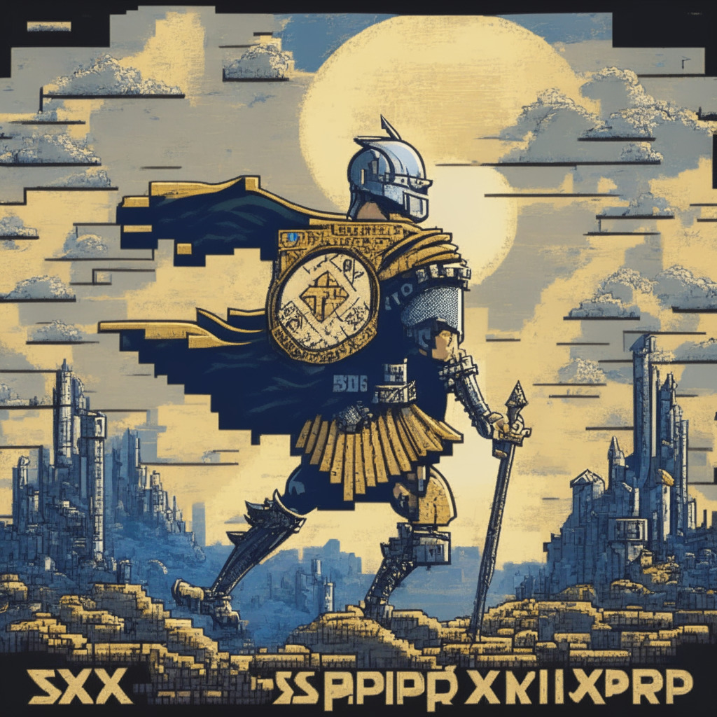 A cryptocurrency knight with a stylized SPX6900 emblazoned shield, journeying across a volatile landscape marked by towering currency icons and engulfed in stormy turmoil, representing uncertainty. In the distance, a new sun is rising, taking the shape of a vintage console game pixelated character - a symbol of Meme Kombat. The image is conveyed in a futuristic, digital art style, bathed in a play of diffused cool blue shadows and warm glowing lights, conveying a mood of suspense, risk, and opportunity.