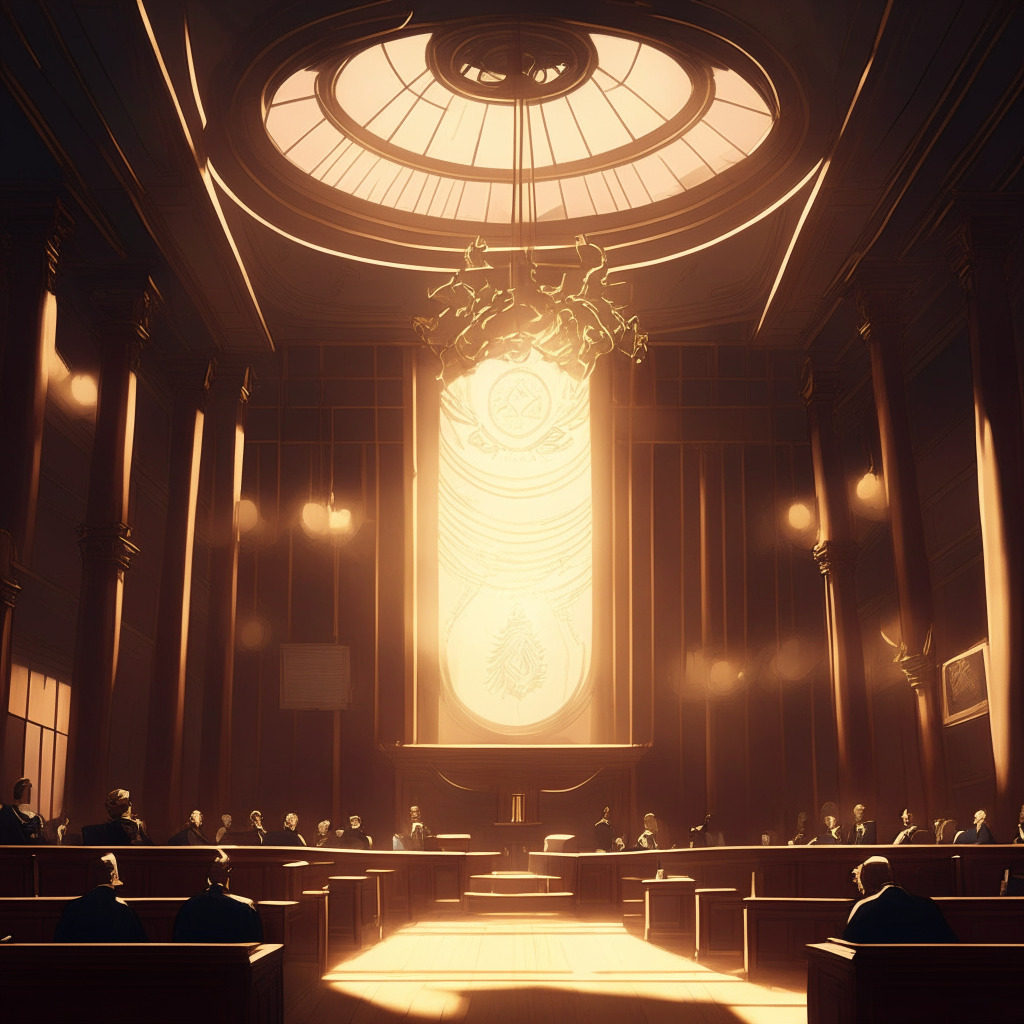 A gloomy but hopeful courtroom with ornately decorated walls, filled with lawyers passionately arguing, but with a twist. Their subjects are physical representations of Australian and global cryptocurrencies, as well as legal documents symbolizing regulation laws. Golden rays of light enter the room, signifying hopeful progress towards clarity in crypto regulations.