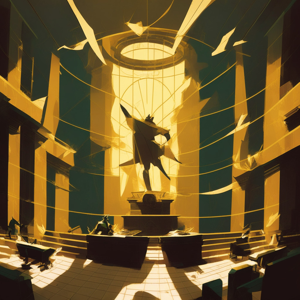 An abstract art-style courtroom bathed in dim, melancholic light, capturing Robinhood as a triumphant figure reclaiming golden shares. Contrast with a defeated Same Bankman-Fried caught in a whirlwind of legal documents, depicting the turmoil of bankruptcy and legal battles. The mood is apprehension of a yet uncertain future and the drama of corporate separations.