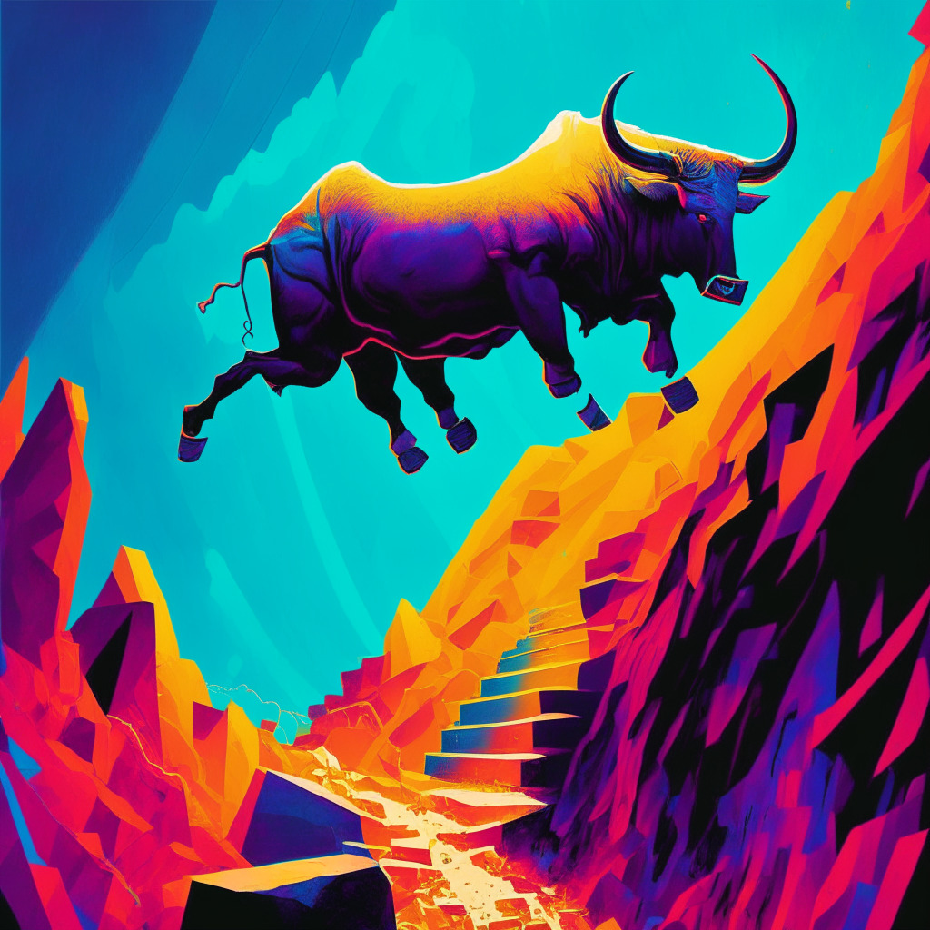 A dynamic depiction of a metaphoric bull ascending a steep pathway, suggestive of a blockchain, reaching for greater heights in a vibrant, saturated color palette that elicits a sense of triumph. A few steps ahead, the bull seems to pause, reflecting caution. The lighting is transient, illustrating an uncertain moment in the bull's journey. Finally, a distant, ethereal horizon shimmering with gaming hubs, decentralized exchanges, and futuristic libraries showcases an inviting, Web3 landscape, implying untapped potential.