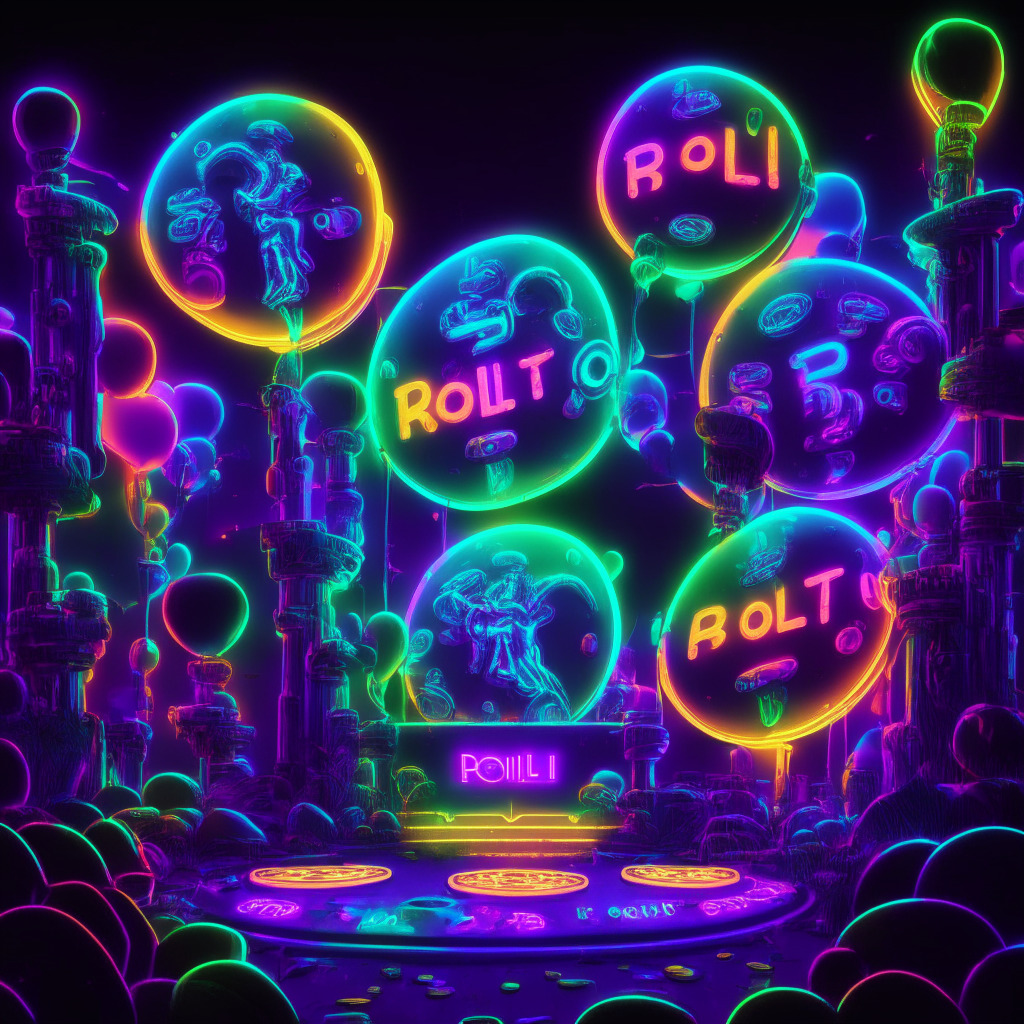 A vibrant, digital casino landscape illuminated by neon lights, symbolizing the rise and fall of two key players: Rollbit Coin and Stake. Within the scene, depict a few tokens embossed with RLB, ascending like balloons, echoing a 4% surge, in contrast, a token etched with the brand of Stake, sinking into the ground to reflect a $41 million hack. Shift the image hues between cooler tones for RLB and warmer tones for Stake, adding dimension to their contrasting trajectories. Capture a heightened sense of drama and tension in the depiction, emblematic of blockchain-based casinos' vulnerabilities. In an adjacent frame, visualize the promise of newer altcoins like LPX, represented by an innovatively designed launching pad primed for takeoff, glowing with potential yet concurrently surrounded by caution signals, replicated by semi-transparent danger signs. Illuminate the whole set-up with intermittent light bursts, touching upon the high-risk nature of the crypto market and the mood of this scene oscillates between hope and caution.