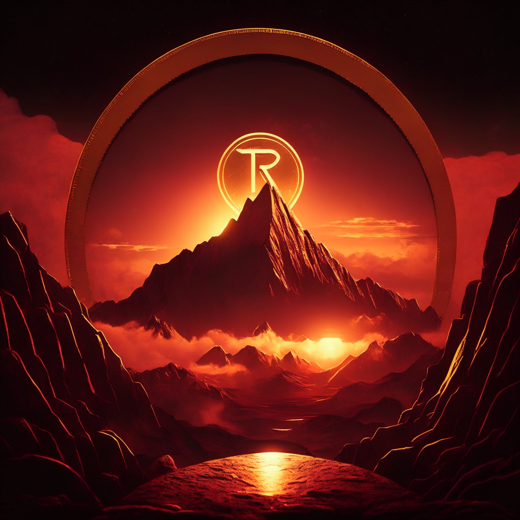 Moody financial landscape at dusk, a golden coin with an abstract 'R' symbol mid-plunge from a mountain peak, symbolizing Rollbit Coin's dip. A bearish red-hued sky looms overhead. On an adjacent taller mountain, a bright beam of light, illuminating the launch of a vibrant spaceship, symbolizes TG.Casino's promising start. Stylistically imbued with surrealism, embodying uncertainty and transition.
