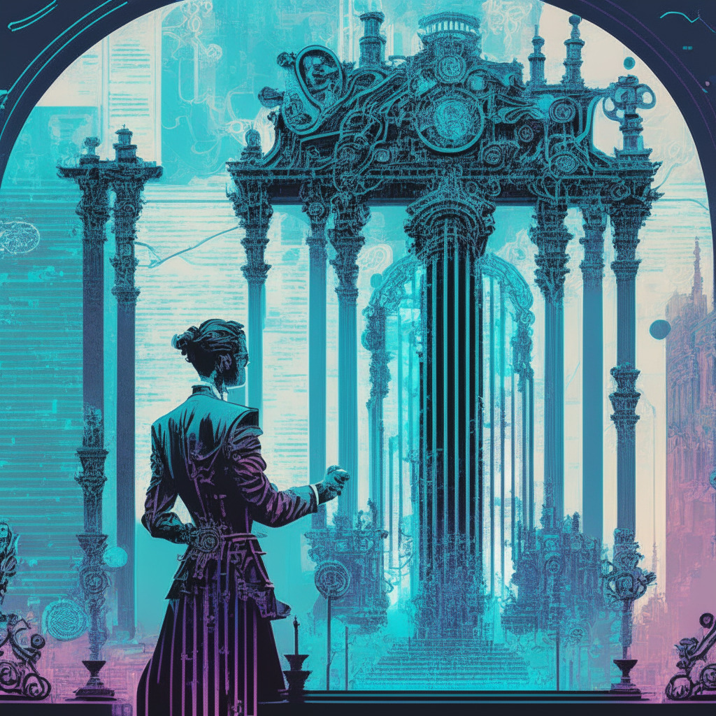 Depiction of a modern stock exchange bathed in cool hues, showcasing dynamic waves of data flowing, symbolizing real-time analytics powered by artificial intelligence. Baroque style intricate steampunk mechanisms in foreground showing the transformation from traditional automation to AI. A silhouetted figure expressing both apprehension and awe, encapsulates the mood of cautious optimism.