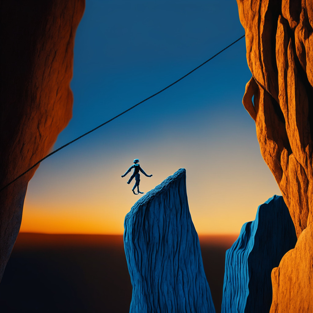 A somber image of a tightrope strung across a canyon symbolizing the crypto industry's delicate position, Commission chair figurine on one end, crypto coin on the other - both in precarious balance, illuminating sunrise symbolizing new regulations in the backdrop, Styled in a photographic realism art style, hues of deep blue for uncertainty, piercing orange for hope.