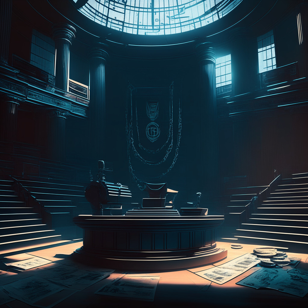 Dramatic courtroom with scales of justice, crypto coins, a gavel, and legal documents scattered, digital binary code subtly embedded in the background. Lighting cast a surreal, high-contrast light and shadow. Artistic style is cyberpunk-inspired with somber colors. Mood is tense and uncertain, evoking the struggle between innovation and regulation.