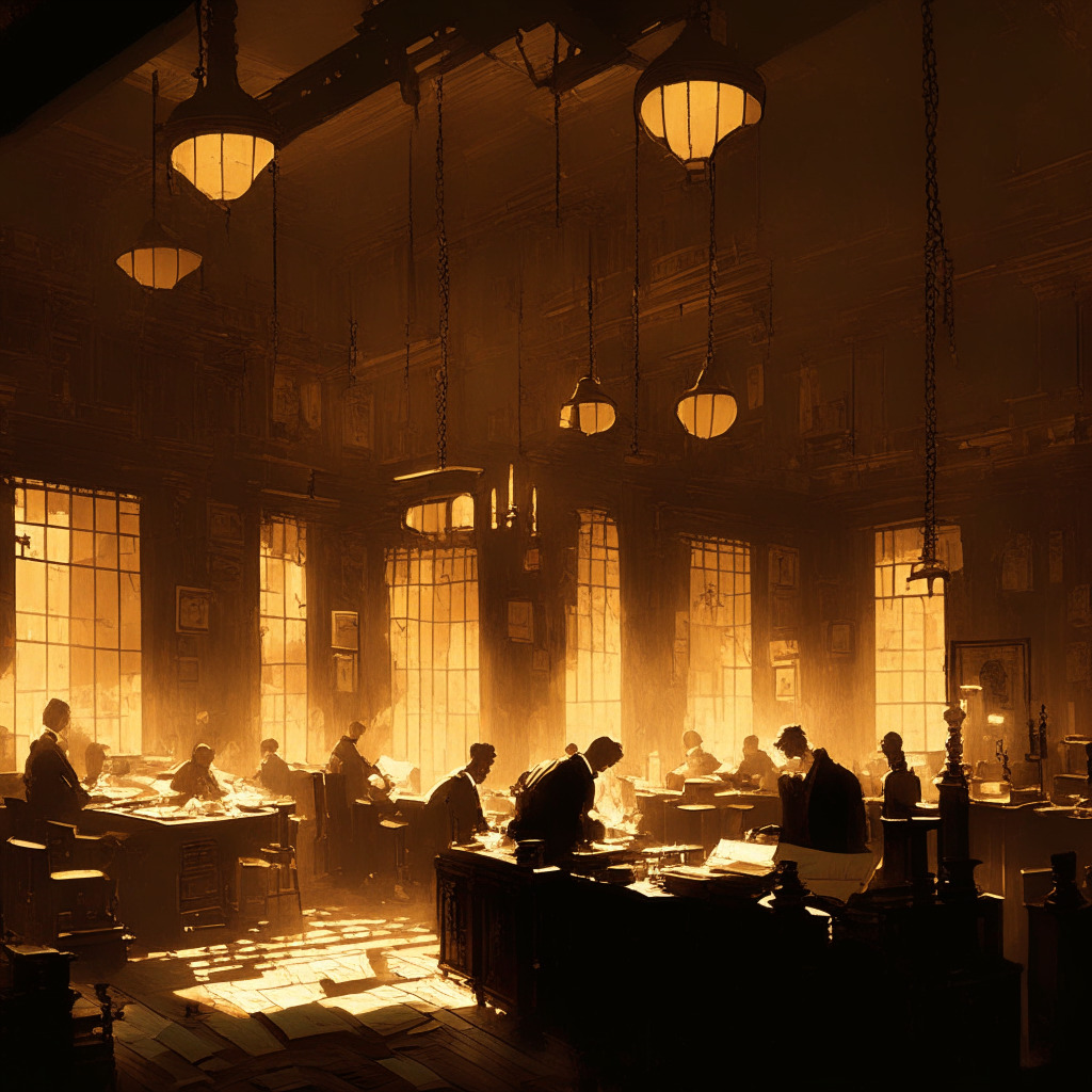 A late evening scene in a vintage wooden trading floor, filled with time-worn yet grandeur desks, ticker tape machines, and scattered trading papers, bathed in the low, soft amber glow of hanging antique chandeliers. The mood elicits a quiet unease, with shadows looming and casting long, skewed figures across the room. A palpable sense of waiting hangs in the air. Against one wall stands a large, intricate chalkboard, carrying a finely drawn chart trace of Bitcoin’s value, flatlining into a dip. An enigmatic digital motif overlays the space, subtly hinting at the presence of invisible digital currencies.