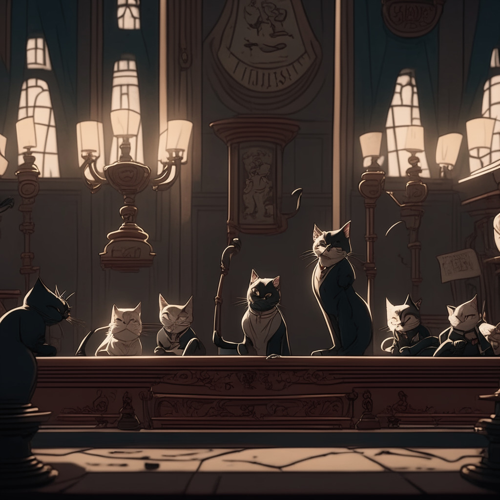 An animated scene showing an intricate courtroom, Victorian-era style, lit in gloomy tones reflecting the mood of a legal battle. A gavel, metonymy for law, rests heavily at the front. In the background, a group of anthropomorphic, sentient cats, their expressions distressed, a metaphor for the Stoner Cats NFT. An unseen light illuminates a hefty pile of golden coins, symbolizing the imposed fine.