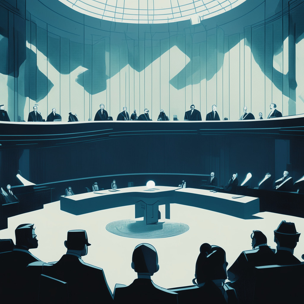 An American courtroom with serious judges, lawyers, and a Securities and Exchange Commission (SEC) representative defending their call against Grayscale's proposed Bitcoin ETF, symbolizing the tension and potential implications. The room is bathed in the cold, harsh light of scrutiny, with hints of Futurist and Suprematism styles representing the modernity and complexity of the crypto discourse. The overall mood is sober, filled with anticipation and uncertainty.