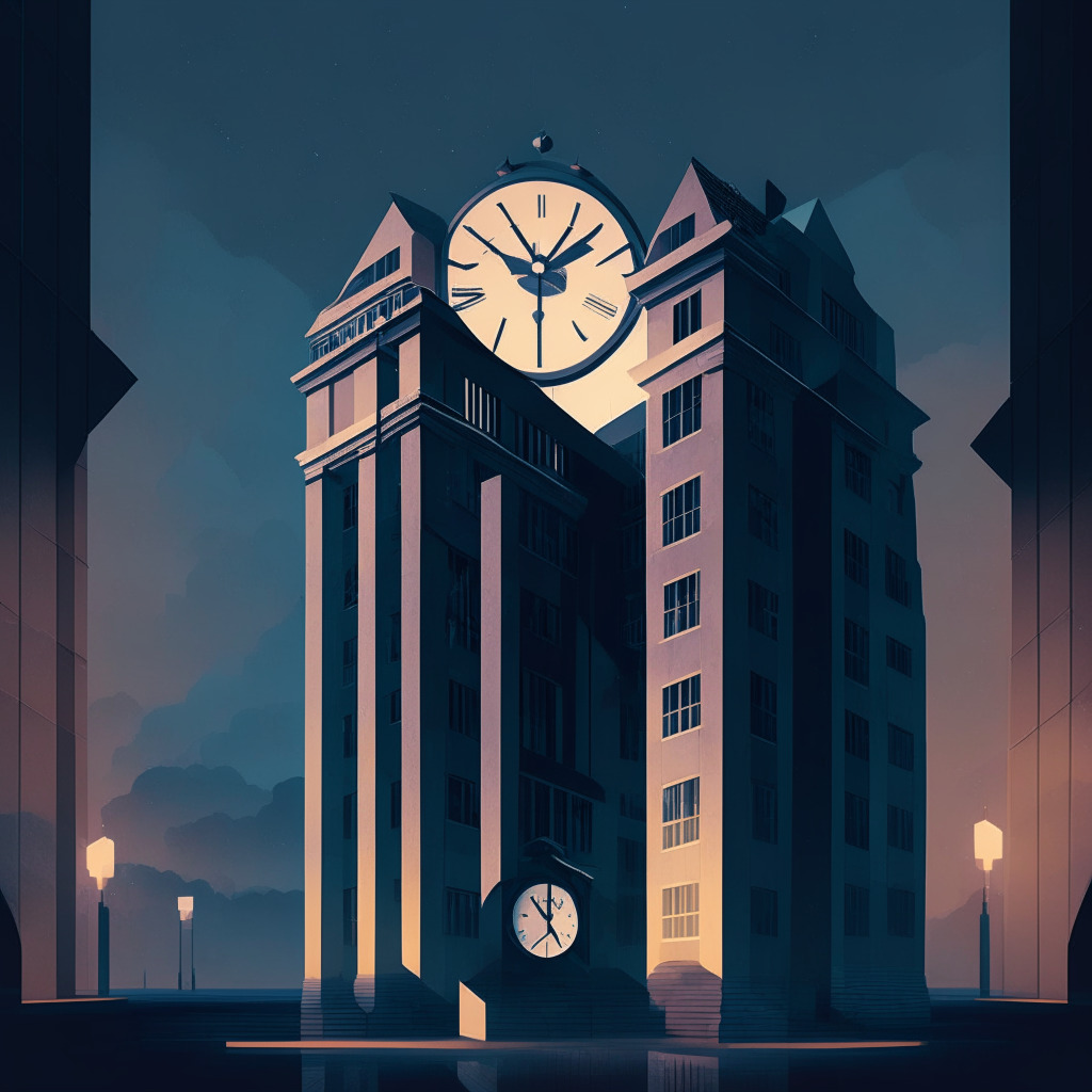Suspenseful scene of a symbolic clock near midnight, representing looming deadlines, set against a backdrop of a hazy governmental building. Incorporate elements symbolizing cryptocurrency & traditional finance, in a cubist style. Twilight lighting, reflective of the uncertain environment.